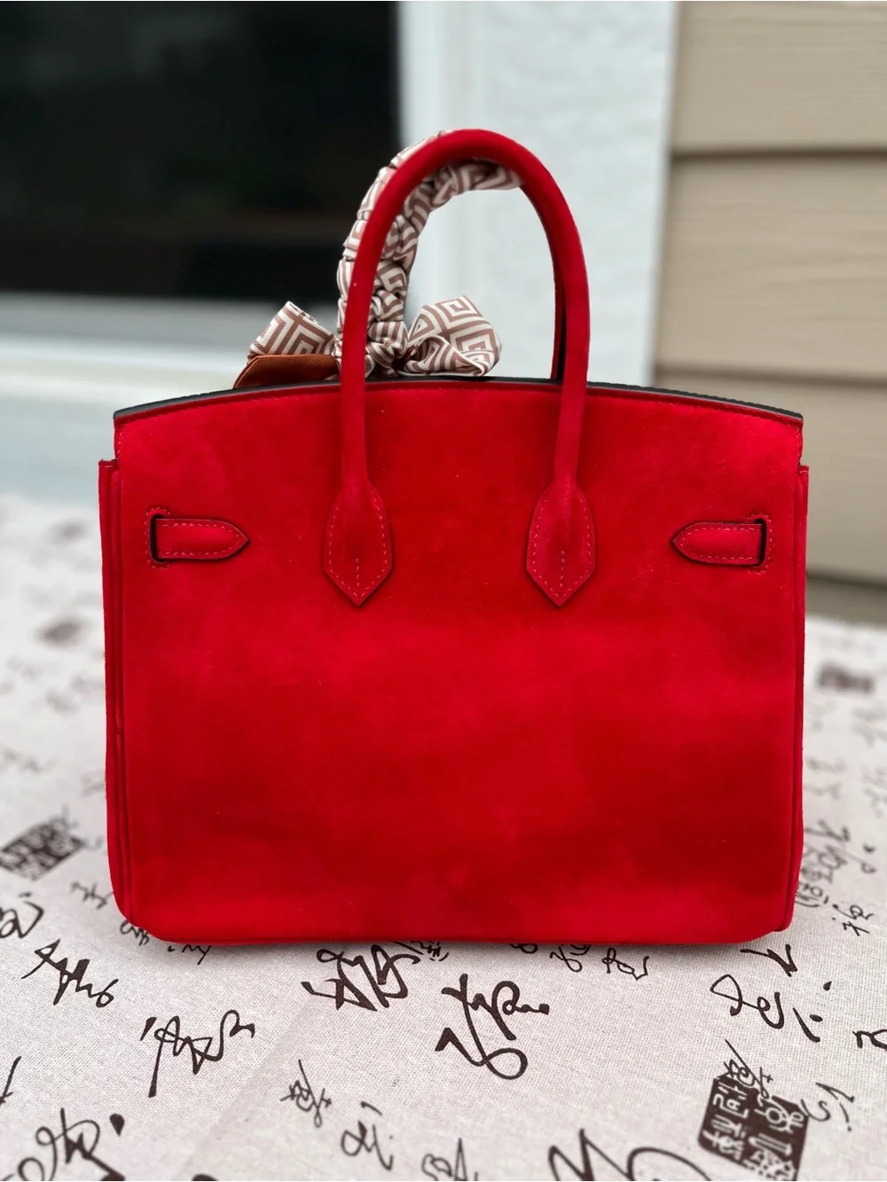 Red Suede Double-Handle Handbag 25cm with Gold-tone Hardware - New